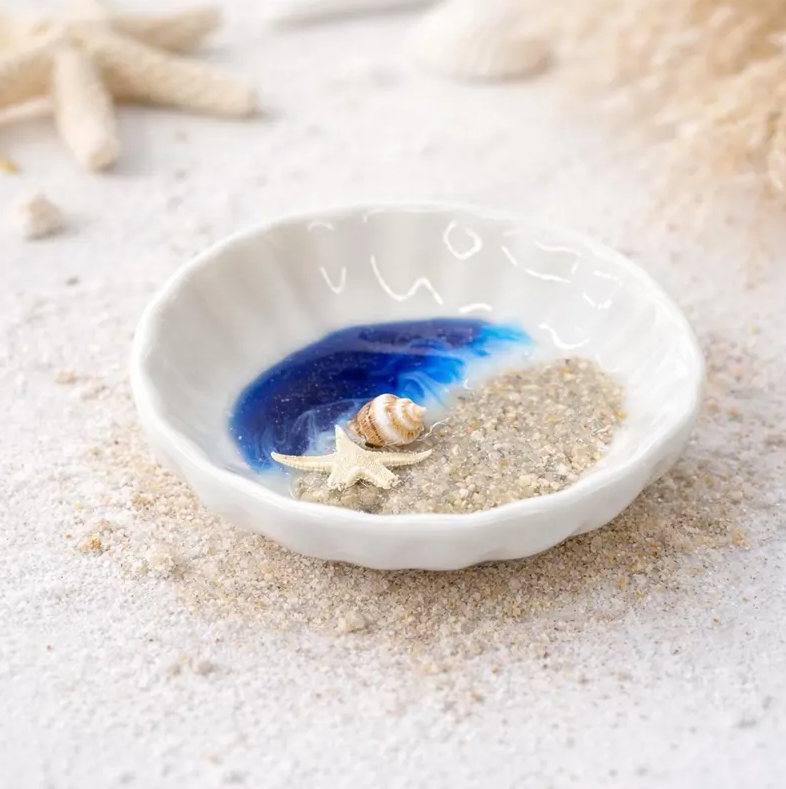 Handmade Beach Scene Ring Dish, Seashell Trinket Dish, Porcelain with Resin Ocean Waves