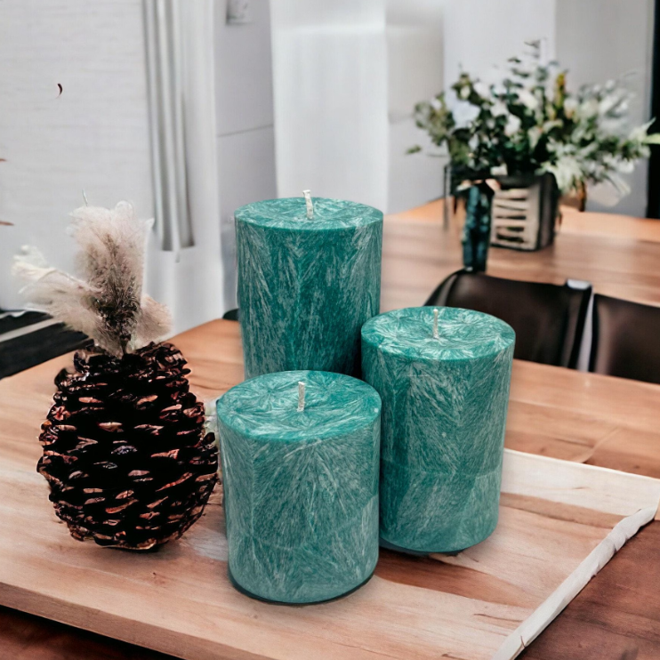 Unscented Palm Wax Pillar Candle, Textured, Teal / Turquoise