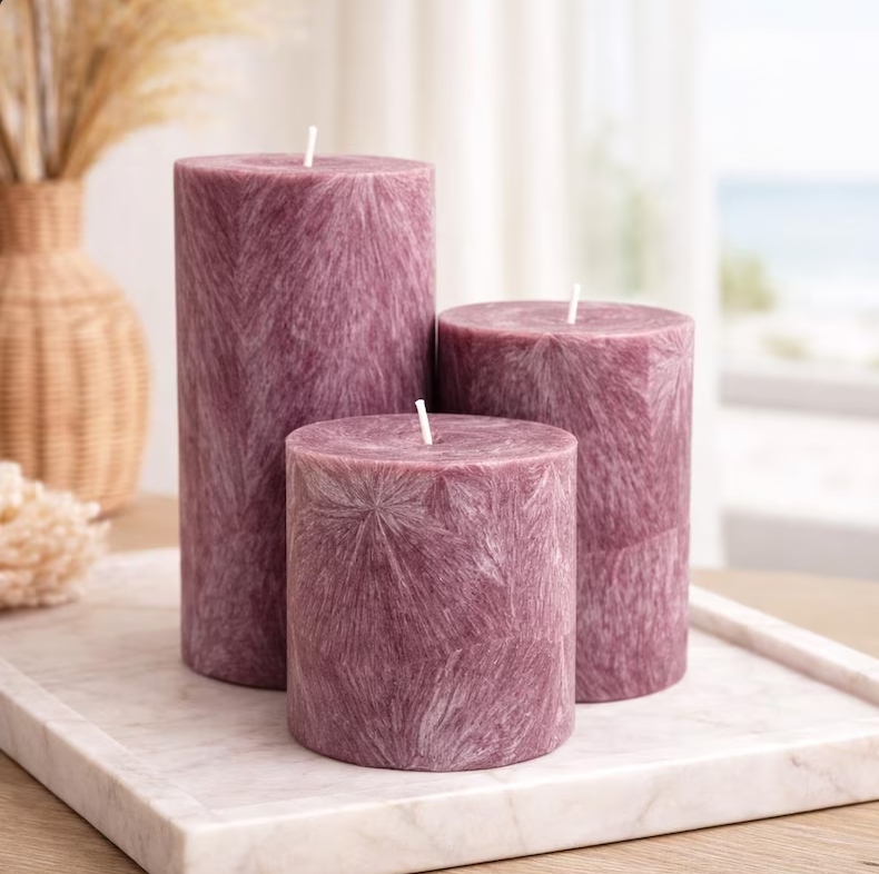 Unscented Palm Wax Pillar Candle, Purplish - Burgundy / Silver Textured Pattern