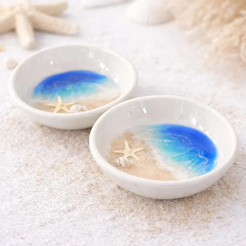 Handmade Beach Scene Ring Dish, Seashell Trinket Dish, Porcelain with Resin Ocean Waves