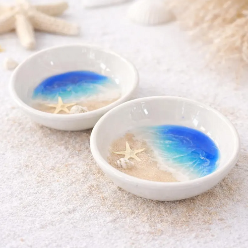Handmade Beach Scene Ring Dish, Seashell Trinket Dish, Porcelain with Resin Ocean Waves