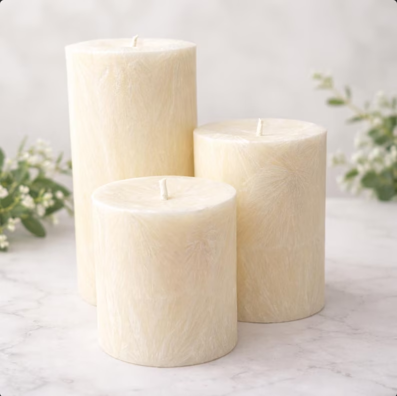 Unscented Palm Wax Pillar Candle, Textured, Cream / Ivory with Silver / White Textured Pattern