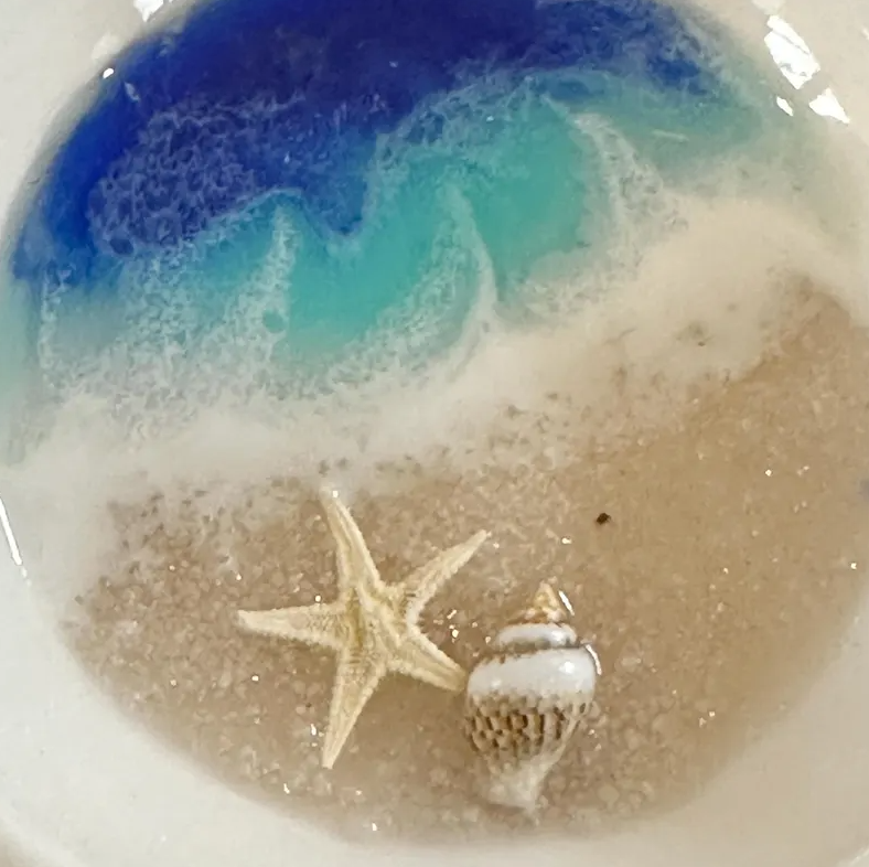 Handmade Beach Scene Ring Dish, Seashell Trinket Dish, Porcelain with Resin Ocean Waves