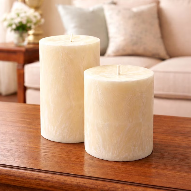 Unscented Palm Wax Pillar Candle, Textured, Cream / Ivory with Silver / White Textured Pattern