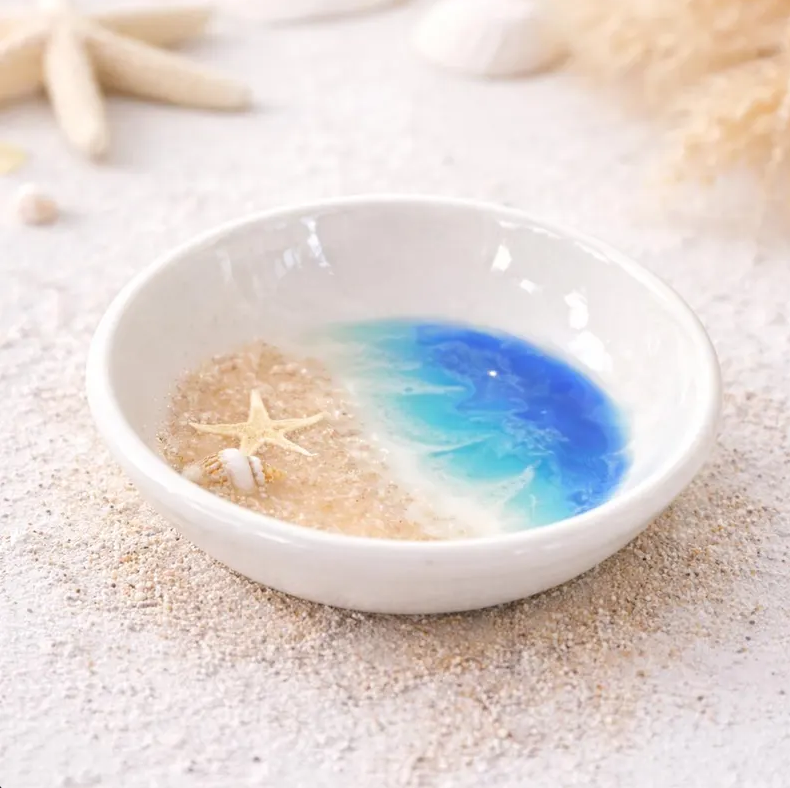 Handmade Beach Scene Ring Dish, Seashell Trinket Dish, Porcelain with Resin Ocean Waves