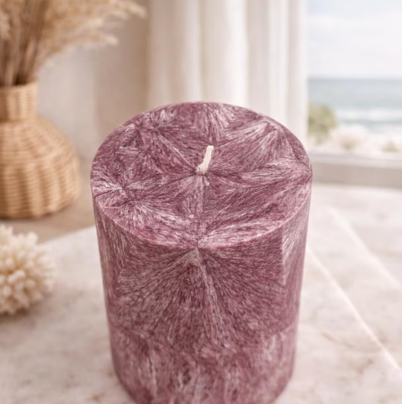 Unscented Palm Wax Pillar Candle, Purplish - Burgundy / Silver Textured Pattern